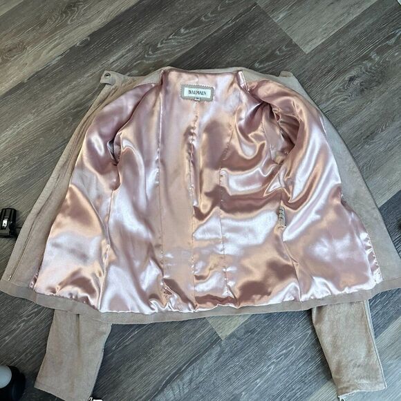 BALMAIN Blush Pink Suede and Satin Lined Moto Jacket 38 - Picture 4 of 10